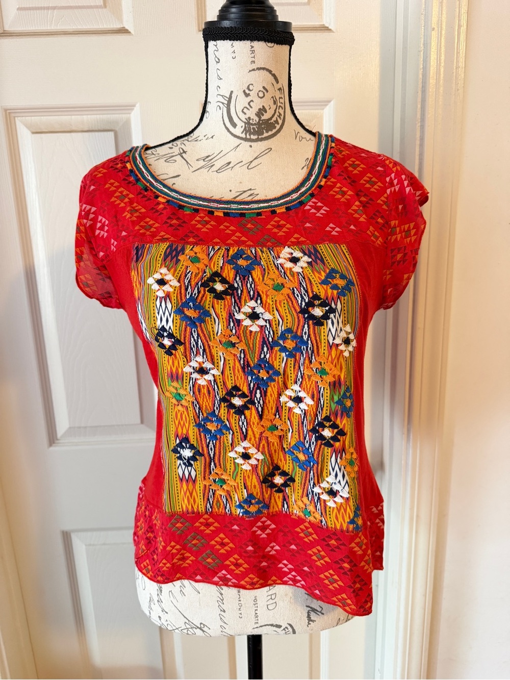 Anthropologie Red Short-Sleeve Embroidered Panel Top